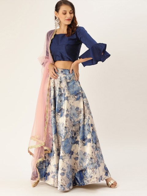 

LOOKNBOOK ART Blue & White Solid Ready to Wear Lehenga & Blouse with Dupatta