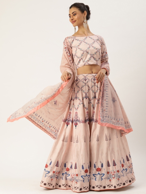 

LOOKNBOOK ART Peach-Coloured & Blue Printed Ready to Wear Lehenga & Blouse with Dupatta