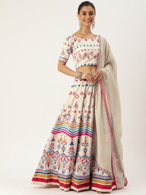 

LOOKNBOOK ART Off-White & Pink Printed Ready to Wear Lehenga & Blouse with Dupatta