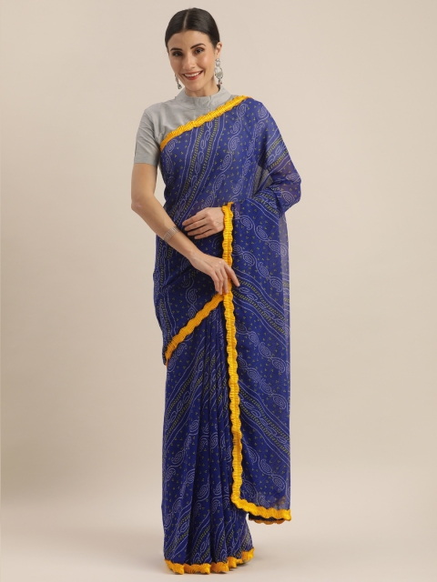 

Tikhi Imli Blue & Yellow Poly Georgette Bhandhani Printed Saree