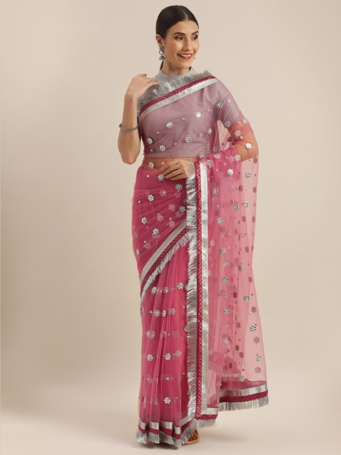

Tikhi Imli Pink & Silver-Toned Net Embellished Ruffled Saree with Mirror Work