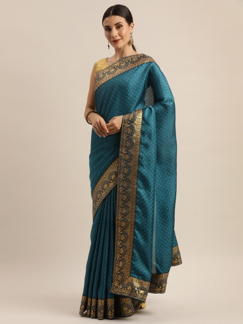 

Tikhi Imli Teal Blue & Gold-Toned Polycotton Checked Saree