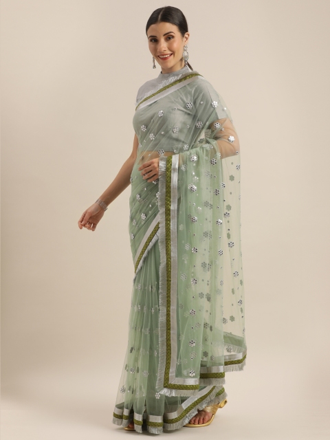 

Tikhi Imli Green & Silver-Toned Net Embellished Ruffled Saree with Mirror Work