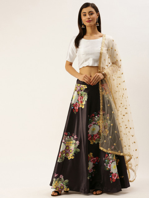 

LOOKNBOOK ART Black Semi-Stitched Lehenga & Unstitched White Solid Blouse with Dupatta