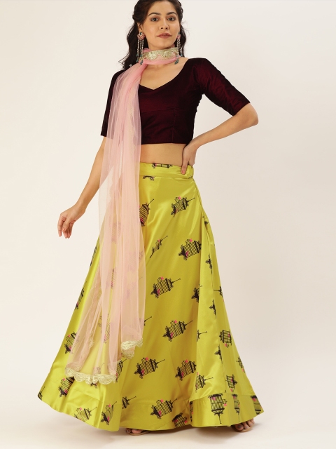 

LOOKNBOOK ART Lime Green & Burgundy Solid Semi-Stitched Lehenga & Unstitched Blouse with Dupatta