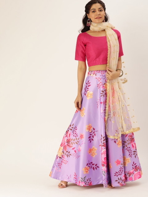 

LOOKNBOOK ART Pink & Lavender Print Semi-Stitched Lehenga & Unstitched Blouse with Dupatta