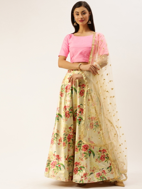 

LOOKNBOOK ART Cream-Coloured Semi-Stitched Lehenga & Pink Unstitched Blouse with Dupatta