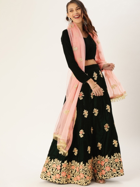 

LOOKNBOOK ART Green & Golden Solid Semi-Stitched Lehenga & Unstitched Blouse with Dupatta