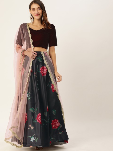 

LOOKNBOOK ART Black & Green Semi-Stitched Lehenga & Unstitched Blouse with Dupatta