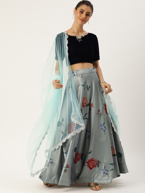 

LOOKNBOOK ART Grey & Navy Blue Printed Semi-Stitched Lehenga & Unstitched Blouse with Dupatta
