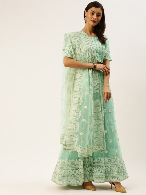 

LOOKNBOOK ART Mint Green Embroidered Semi-Stitched Lehenga, Unstitched Blouse & Dupatta