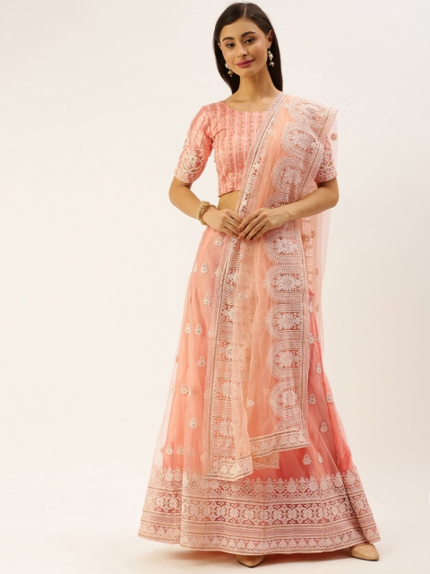 

LOOKNBOOK ART Peach-Coloured & White Embroidered Semi-Stitched Lehenga & Unstitched Blouse with Dupatta