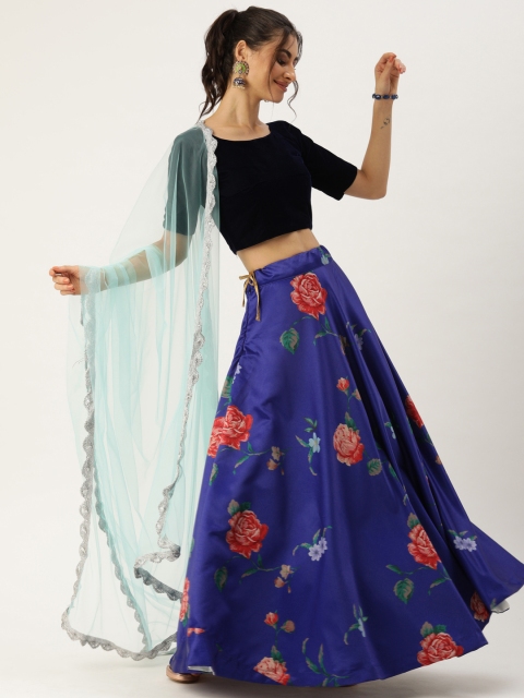 

LOOKNBOOK ART Blue Floral Print Semi-Stitched Lehenga & Blouse with Dupatta