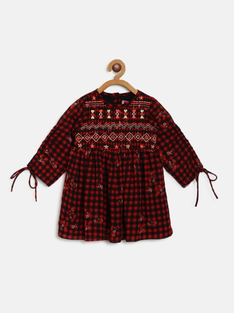 

Nauti Nati Girls Red Checked & Embroidered A-Line Dress, Rust