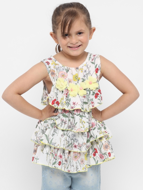

Nauti Nati Girls Off-White & Green Floral Print Tiered Top