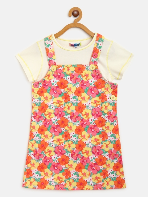 

Nauti Nati Girls Pink & Orange Solid T-shirt with Floral Print Pinafore Dress