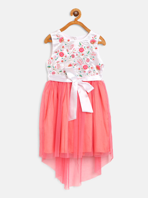 

Nauti Nati Girls Off-White & Coral Pink Floral Embroidered Net A-Line Dress