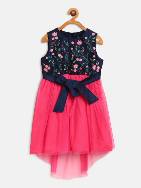 

Nauti Nati Girls Navy Blue & Pink Floral Embroidered Net A-Line Dress