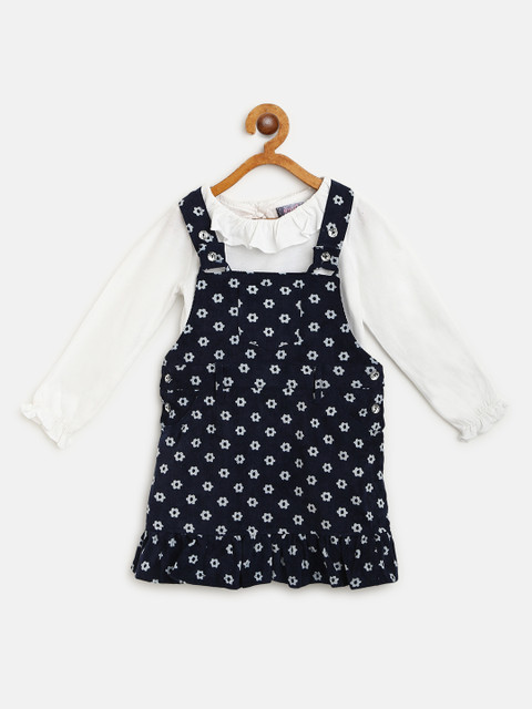 

Nauti Nati Girls Navy Blue & White Solid Top with Corduroy Printed Pinafore Dress