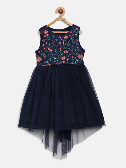 

Nauti Nati Girls Navy Blue & Pink Floral Embroidered Net A-Line Dress