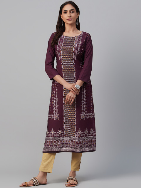 

AHIKA Women Aubergine & Off-White Geometric Print Straight Kurta, Purple