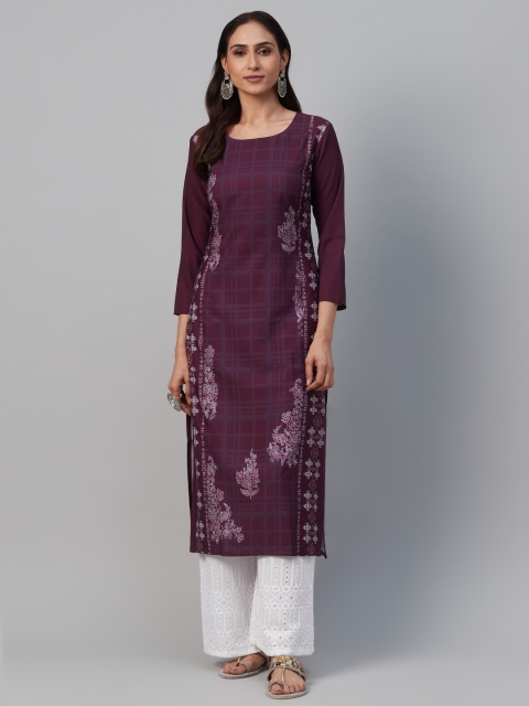 

AHIKA Women Aubergine & Off-White Printed Straight Kurta, Purple