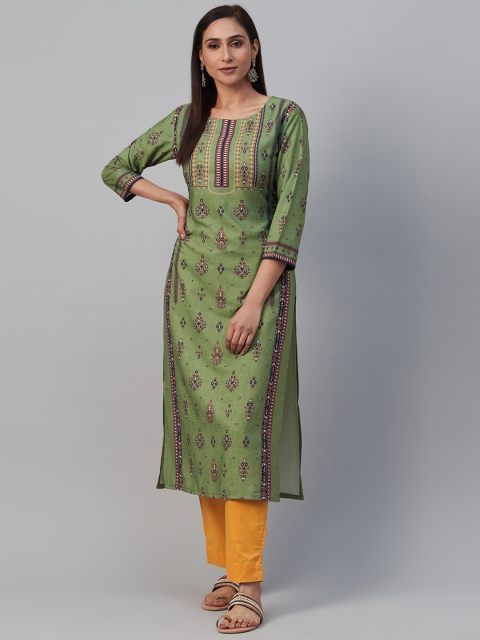 

AHIKA Women Green & Beige Ethnic Motif Print Straight Kurta