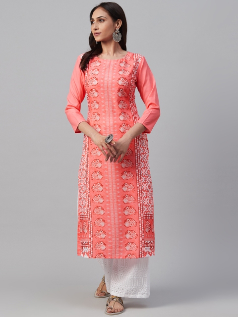 

AHIKA Women Coral Pink & White Ethnic Motif Print Straight Kurta