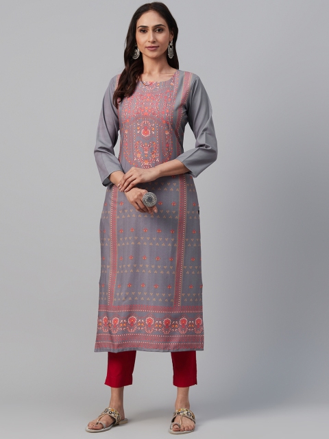 

AHIKA Women Grey & Coral Red Ethnic Motif Print Straight Kurta