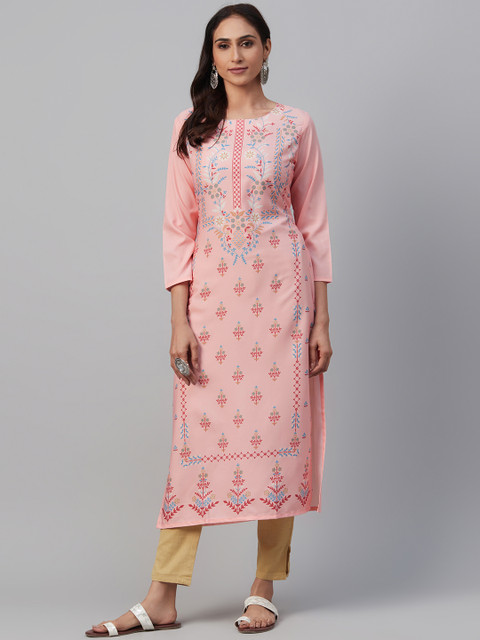 

AHIKA Women Peach-Coloured & Blue Ethnic Motif Print Straight Kurta