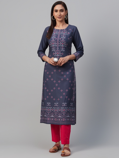 

AHIKA Women Navy Blue & Pink Printed Straight Kurta