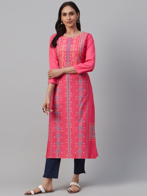 

AHIKA Women Coral Pink & Blue Printed Straight Kurta