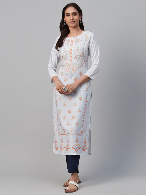 

AHIKA Women Grey & Orange Printed Straight Kurta
