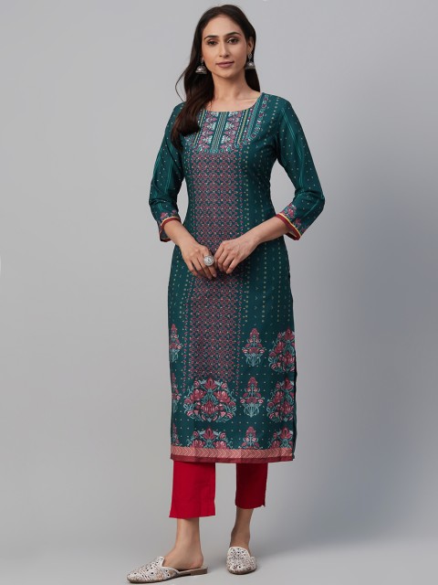 

AHIKA Women Teal Green & Red Printed Straight Kurta