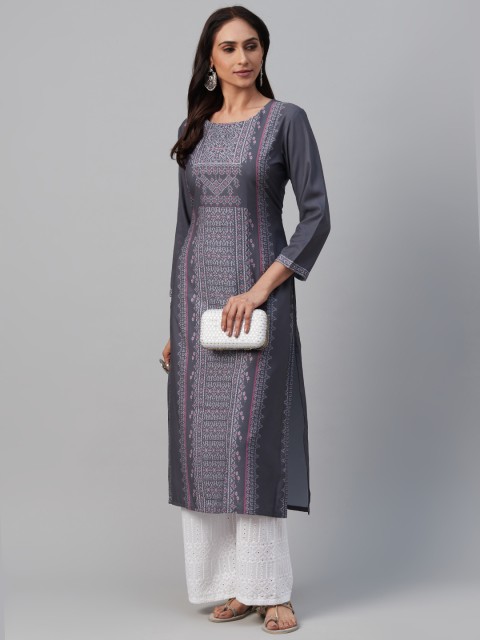 

AHIKA Women Grey & Off-White Printed Straight Kurta