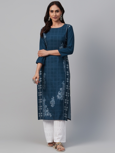 

AHIKA Women Navy Blue & White Printed Straight Kurta