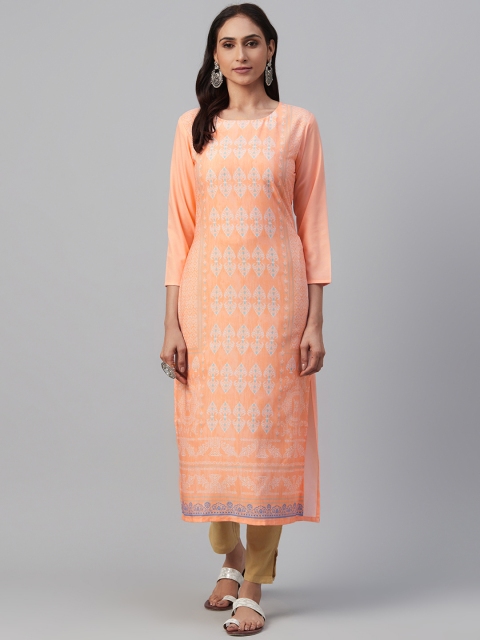 

AHIKA Women Peach-Coloured & Off-White Printed Straight Kurta