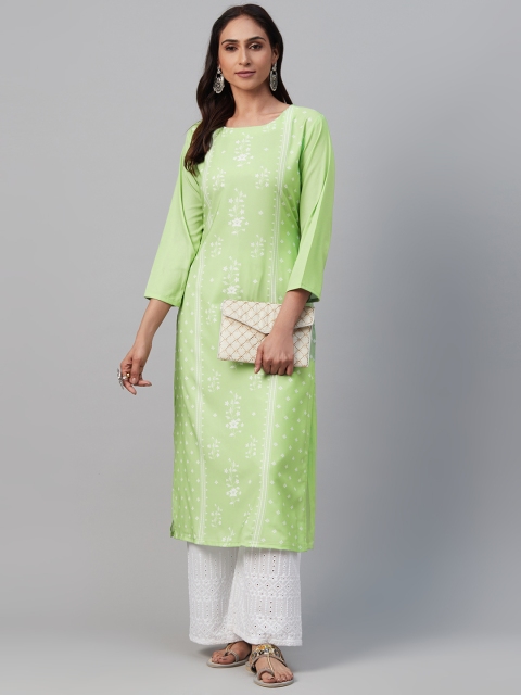 

AHIKA Women Lime Green & White Printed Straight Kurta