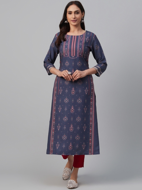 

AHIKA Women Navy Blue & Pink Printed Straight Kurta