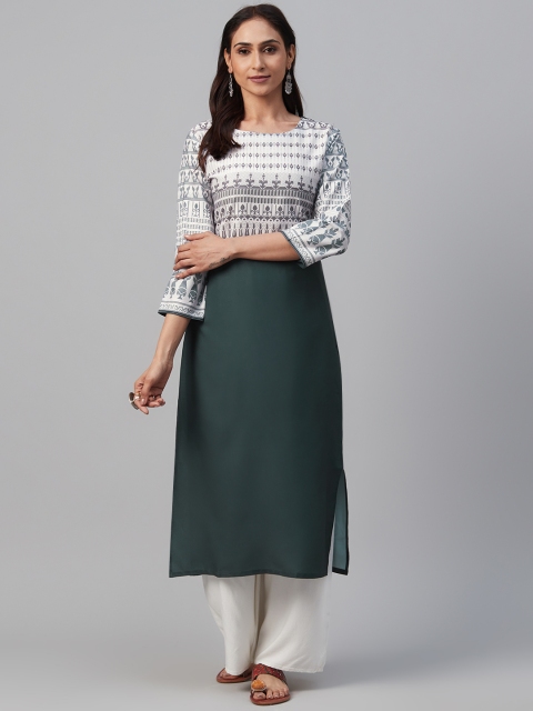 

AHIKA Women Green & White Yoke Design Straight Kurta