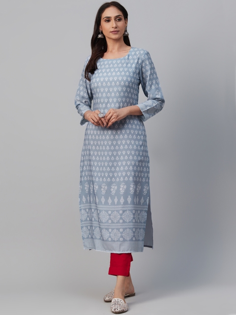 

AHIKA Women Grey & White Printed Straight Kurta