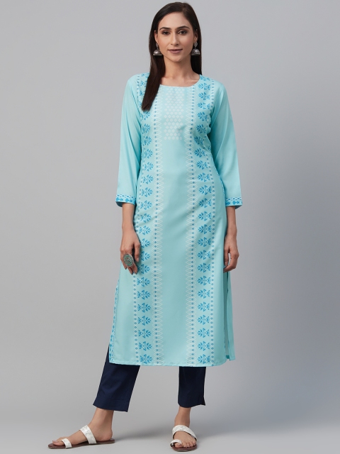 

AHIKA Women Blue & White Printed Straight Kurta