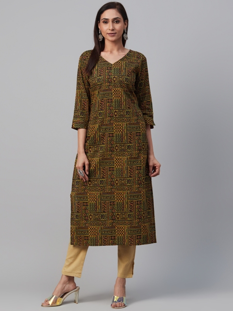 

AHIKA Women Black & Mustard Yellow Printed Straight Kurta