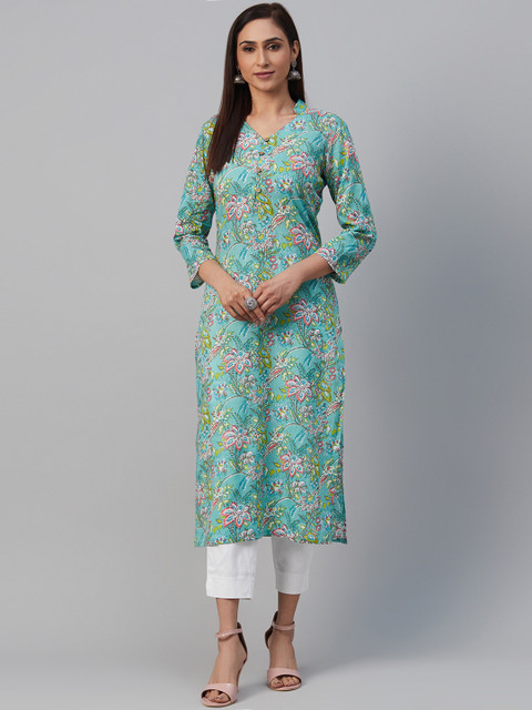 

AHIKA Women Blue & Pink Printed Straight Kurta