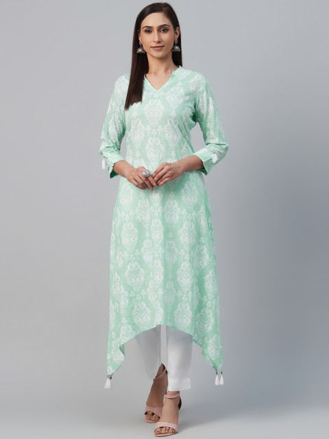 

AHIKA Women Green & White Printed Asymmetric A-Line Kurta