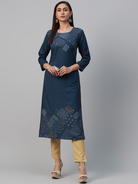 

AHIKA Women Navy Blue Printed Straight Kurta