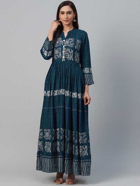 

AHIKA Women Teal Blue & White Printed Anarkali Kurta