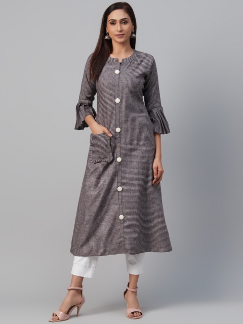 

AHIKA Women Charcoal Grey & White Striped A-Line Kurta