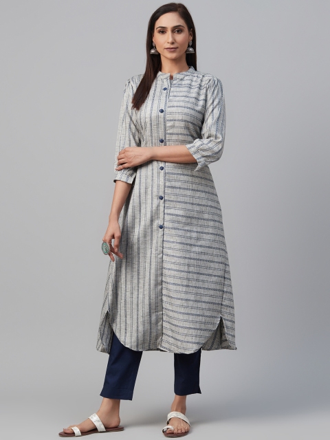 

AHIKA Women Grey & Blue Multi Striped Embroidered A-Line Kurta