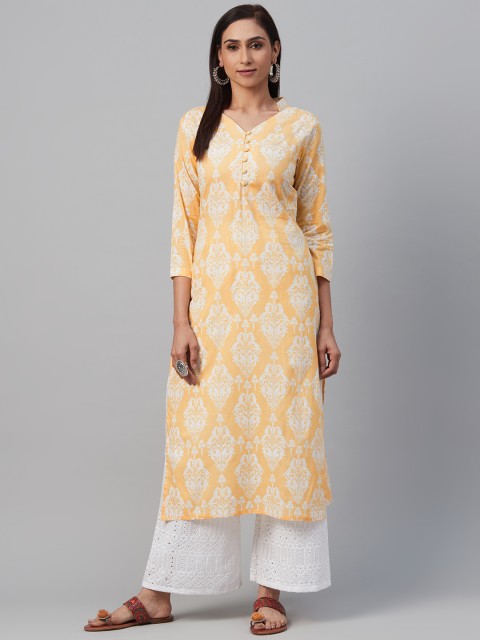 

AHIKA Women Yellow & White Printed Straight Kurta